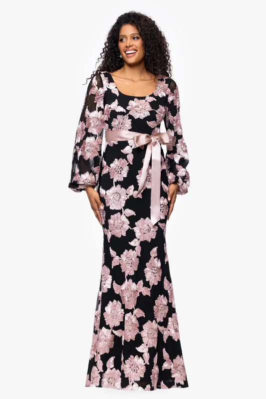 "Luciana" Soutache Mesh Waist Tie Long Sleeve Floor Length Dress sold by Betsy & Adam