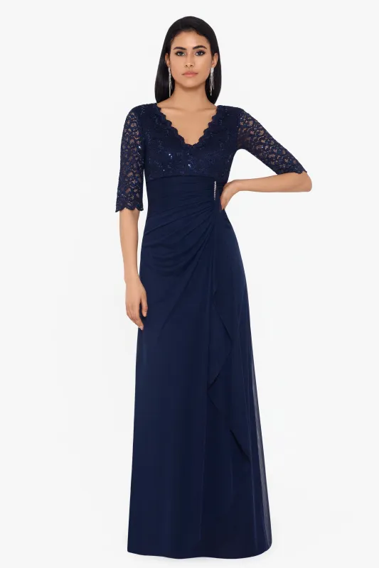 "Johanna" 3/4 Sleeve Sheer Matte Jersey Long Dress sold by Betsy & Adam