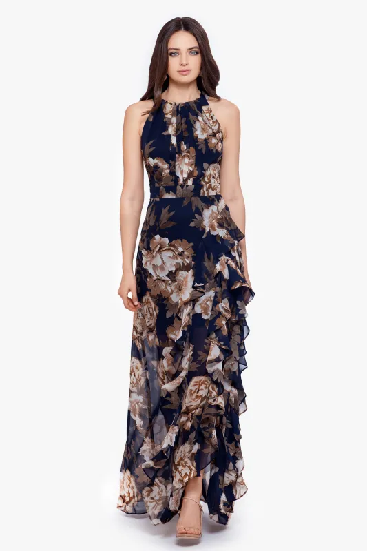 Petite "Karla" Print Chiffon Halter Neck Ruffle Floor Length Dress sold by Betsy & Adam