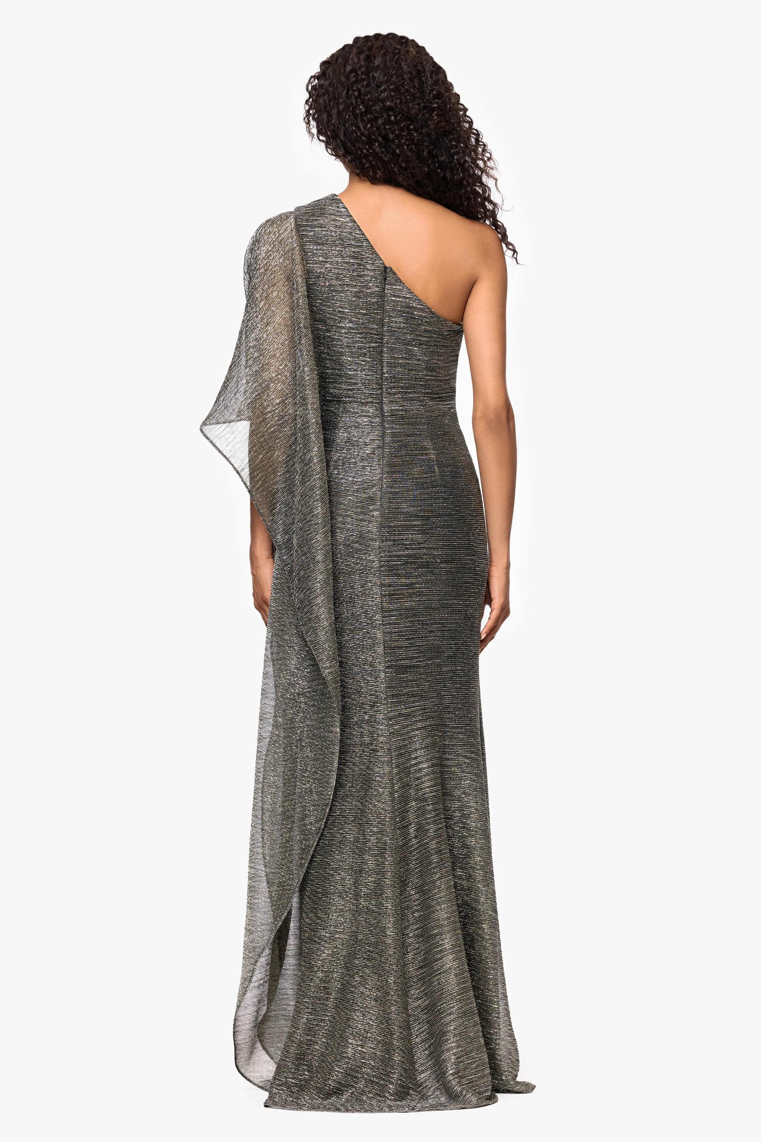 "Graclyn" Metallic Knit One Shoulder Flowy Sleeve Floor Length Dress sold by Betsy & Adam product image thumbnail 2
