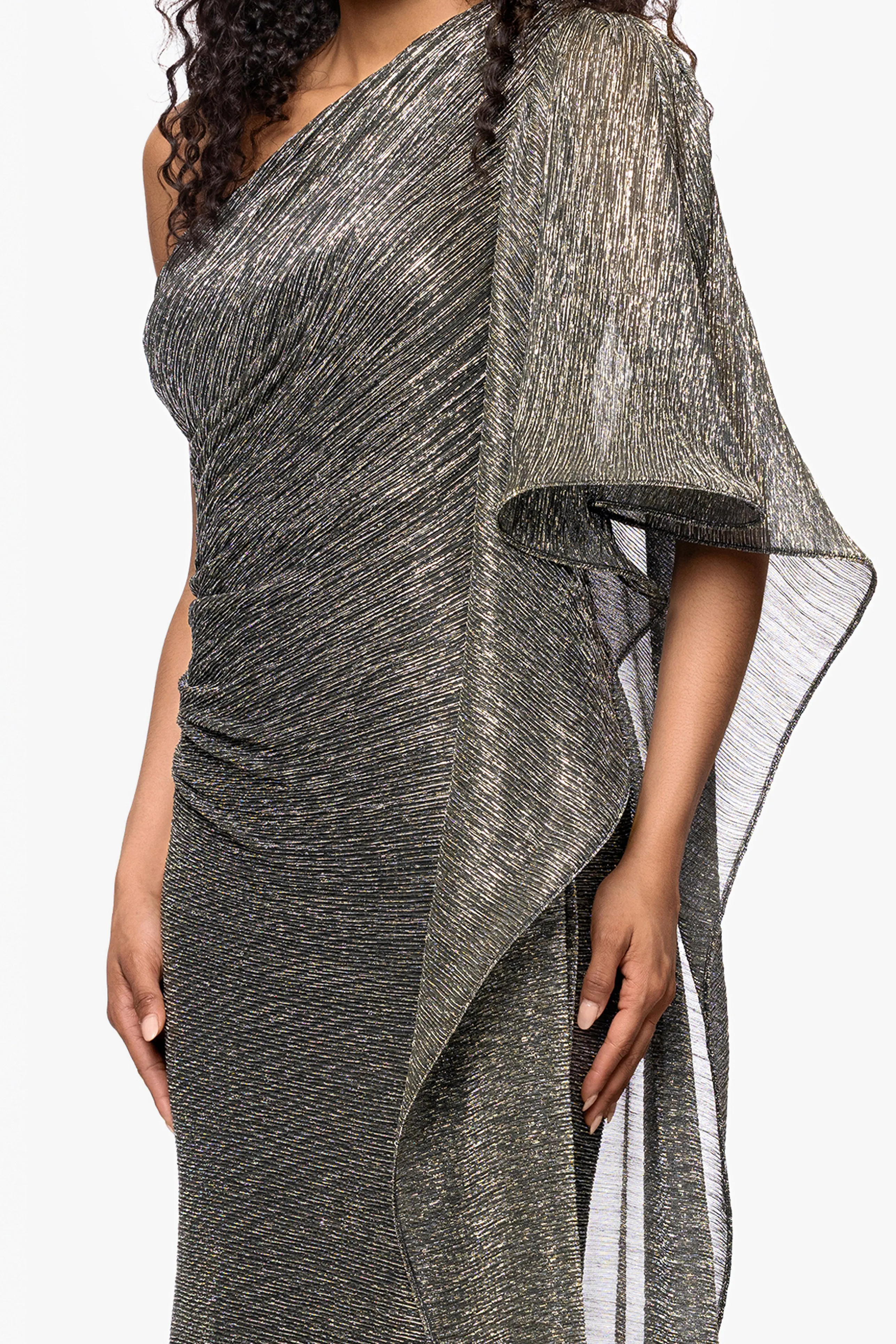 "Graclyn" Metallic Knit One Shoulder Flowy Sleeve Floor Length Dress sold by Betsy & Adam product image thumbnail 4