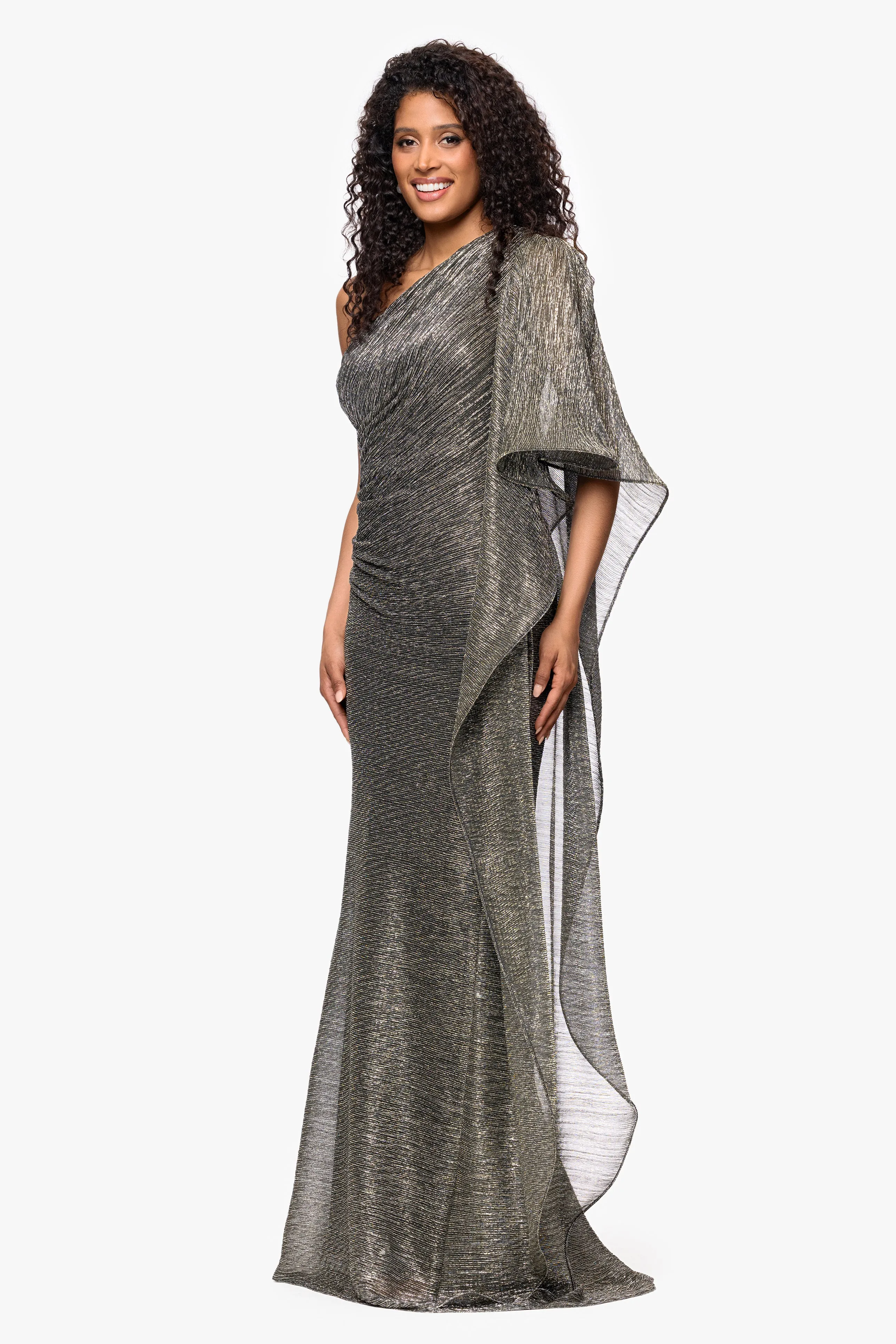 "Graclyn" Metallic Knit One Shoulder Flowy Sleeve Floor Length Dress sold by Betsy & Adam product image thumbnail 3
