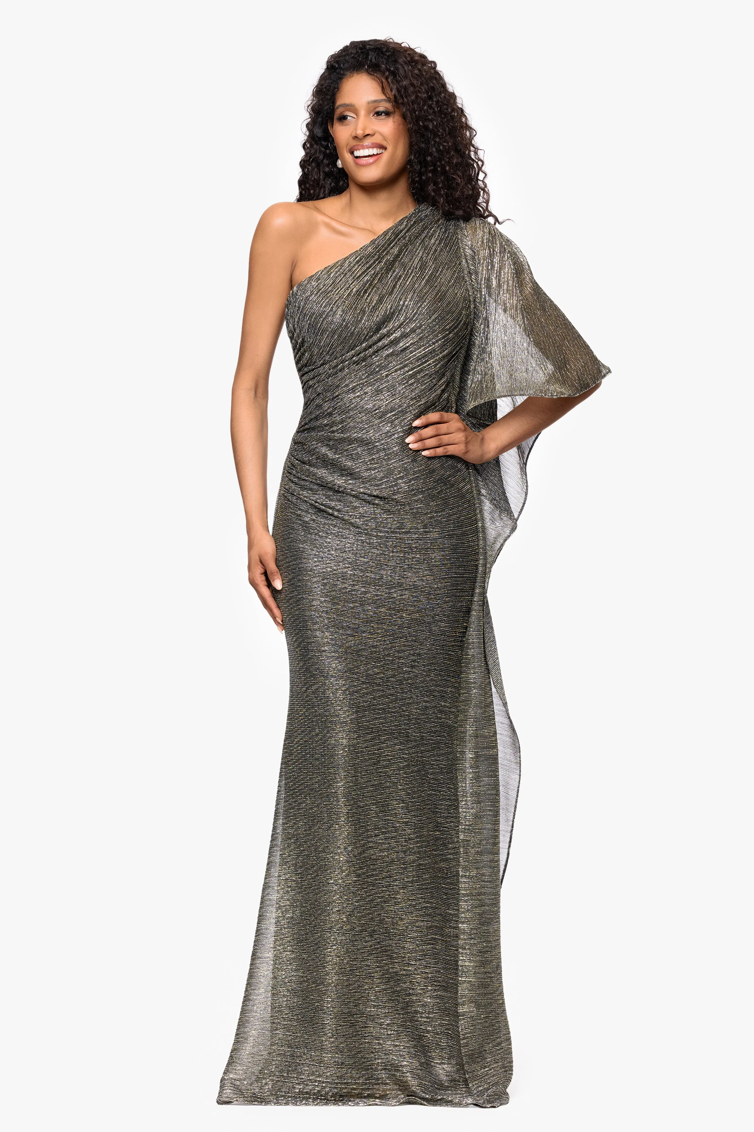 "Graclyn" Metallic Knit One Shoulder Flowy Sleeve Floor Length Dress sold by Betsy & Adam