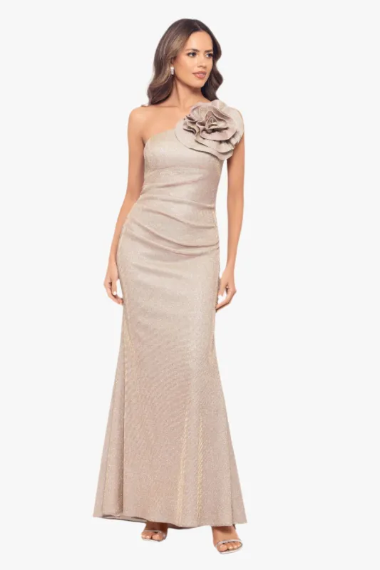 Petite "Phoebe" Galaxy Knit One Shoulder Flower Floor Length Dress sold by Betsy & Adam