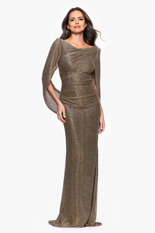 "Kaia" Metallic Crinkle Boat Neck Drape Sleeve Floor Length Dress sold by Betsy & Adam