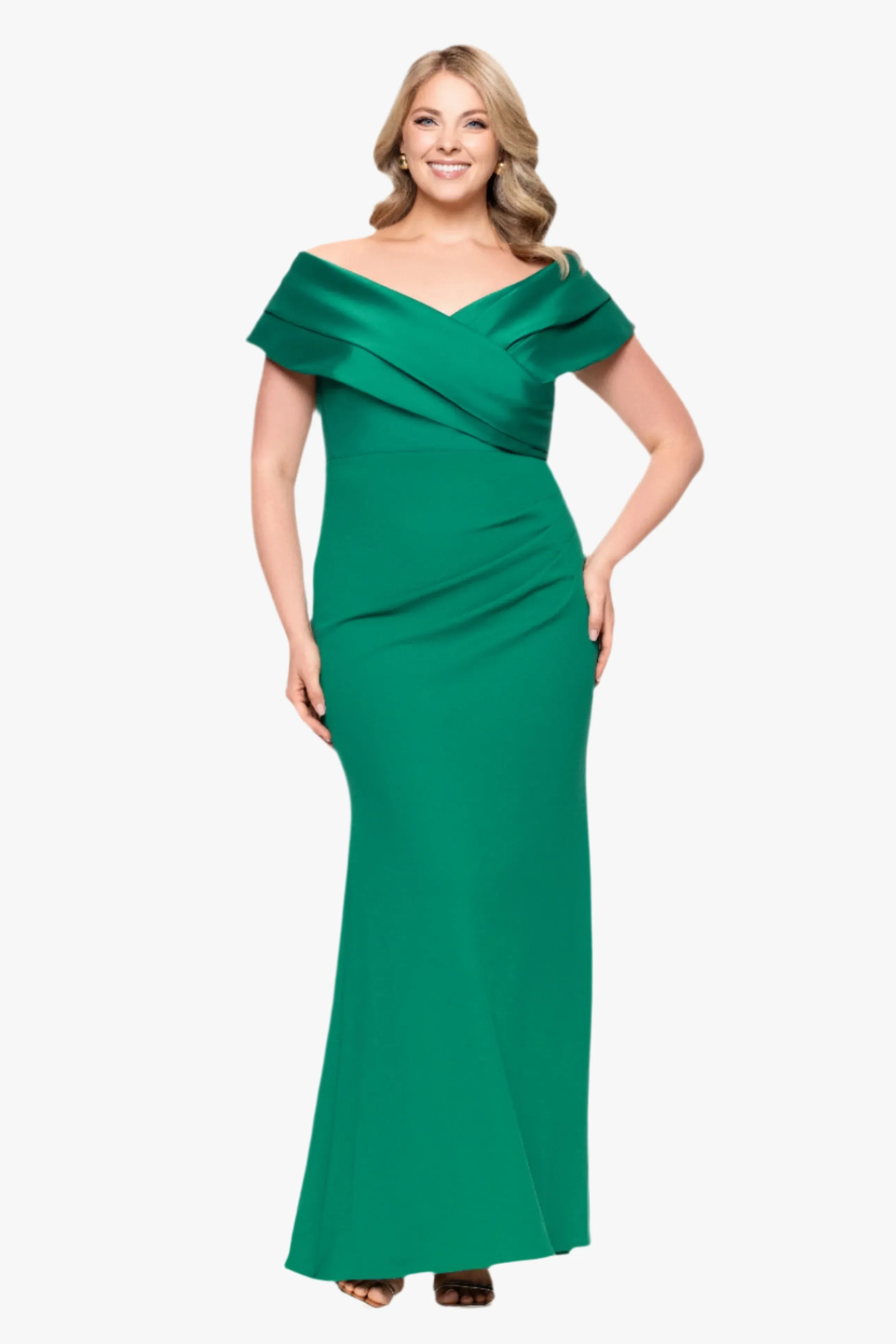 Plus "Yasmeen" Long Off The Shoulder Scuba Crepe Gown sold by Betsy & Adam