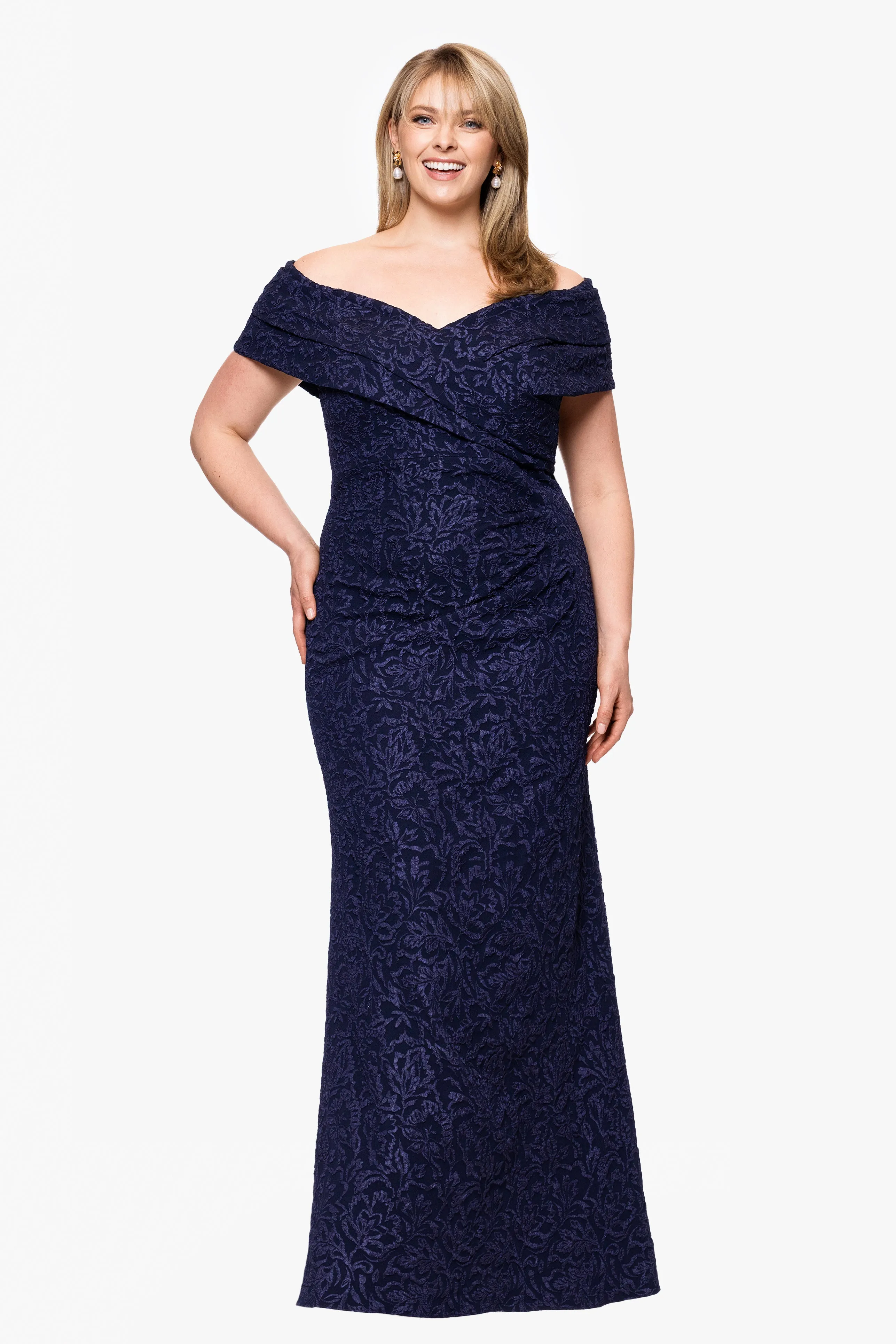 Plus "Dolly" Jacquard Off the Shoulder Floor Length Dress sold by Betsy & Adam