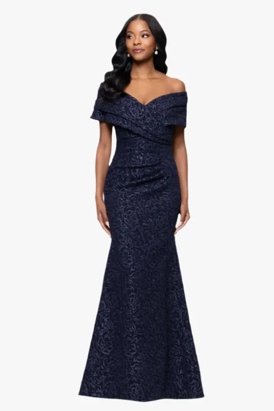 Petite "Dolly" Jacquard Off the Shoulder Floor Length Dress sold by Betsy & Adam