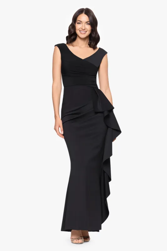"Ruth" Techno Scuba Sleeveless V-Neck Ruffle Floor Length Dress sold by Betsy & Adam