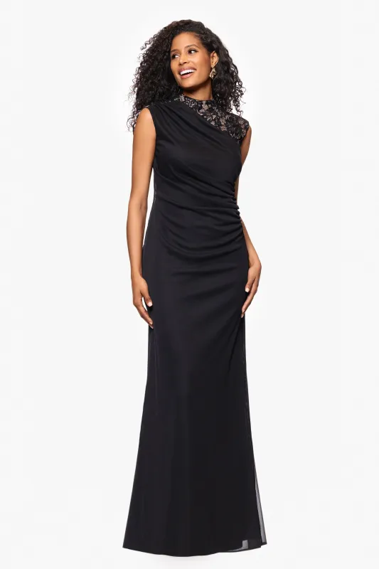 "Dayna" Floor Length Sleeveless Sheer Matte Jersey Lack Neck Rouched Side Dress sold by Betsy & Adam