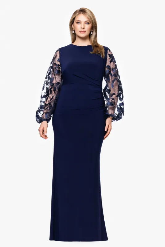 Plus "Roxanna" Jersey Knit Embellished Long Sleeve Floor Length Dress sold by Betsy & Adam