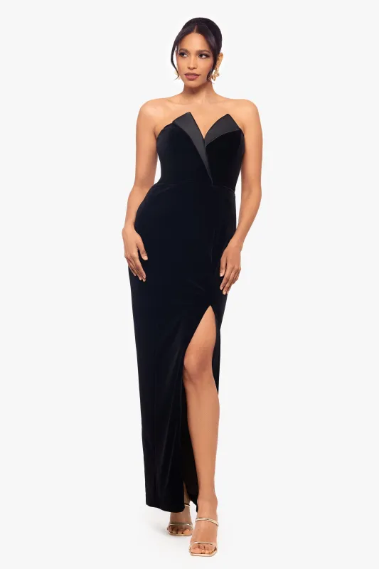 "Liliana" Long Velvet Strapless Tuxedo Dress sold by Betsy & Adam