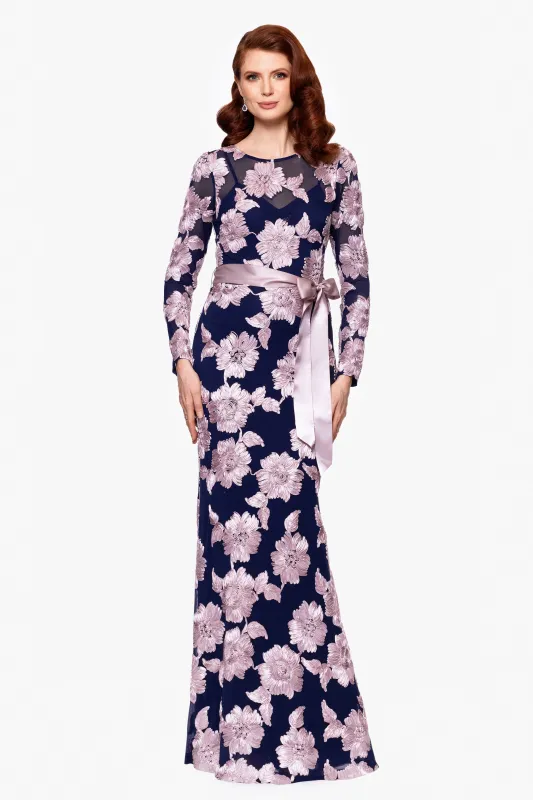 "Juliana" Soutache Mesh Long Sleeve Floor Length Dress sold by Betsy & Adam