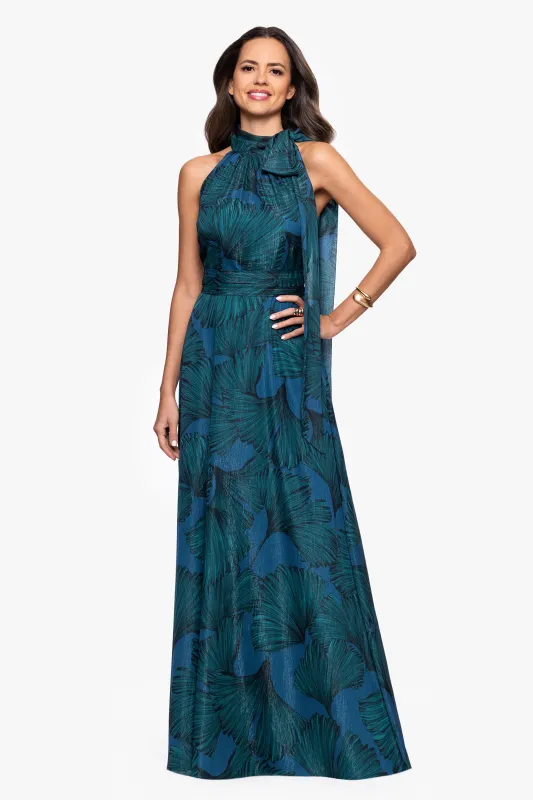 "Devina" Print Chiffon Shimmer Tieneck Floor Length Dress sold by Betsy & Adam