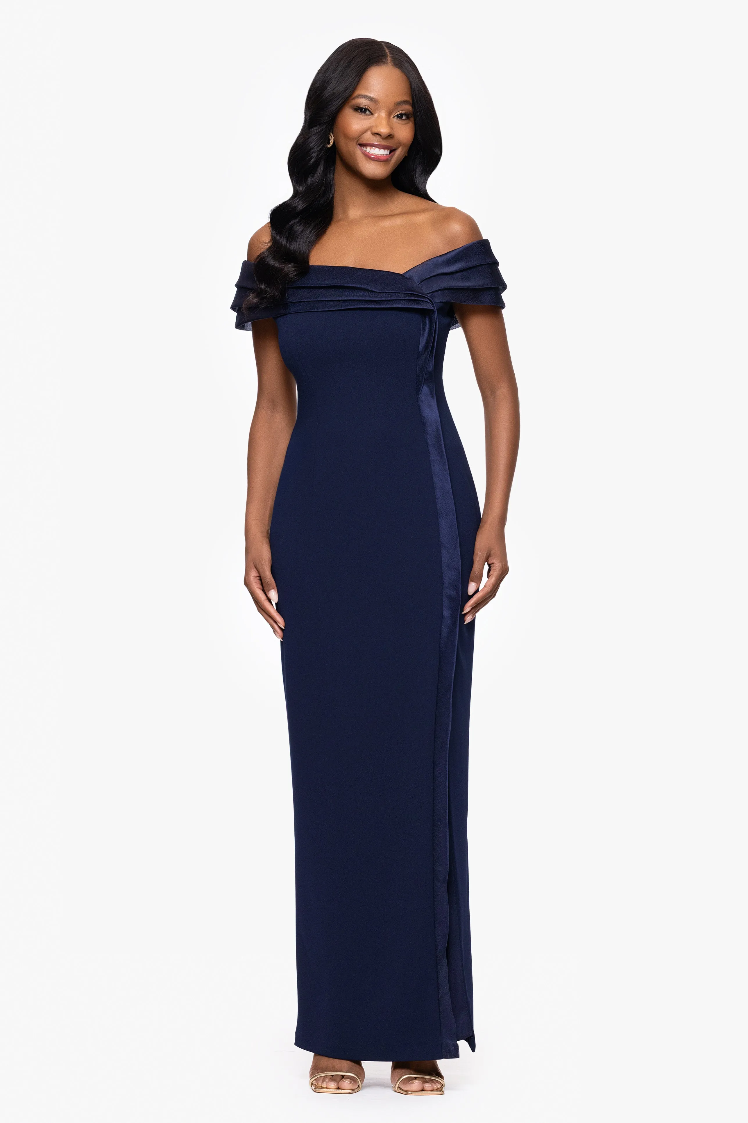 "Hazel" Scuba Crepe and Organza Off the Shoulder Dress sold by Betsy & Adam