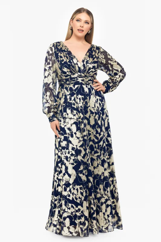 Plus "Annabelle" Metallic Foil and Long Mesh Sleeve Gown sold by Betsy & Adam