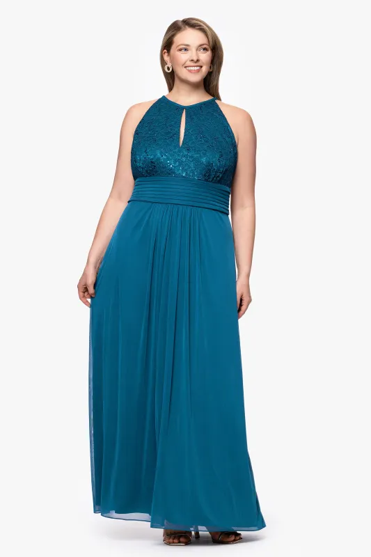 Plus "Selena" Jersey and Lace Halter Keyhole Neck Floor Length Dress sold by Betsy & Adam