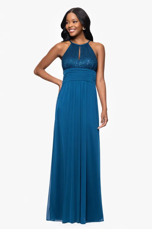 Petite "Selena" Jersey and Lace Halter Keyhole Neck Floor Length Dress sold by Betsy & Adam