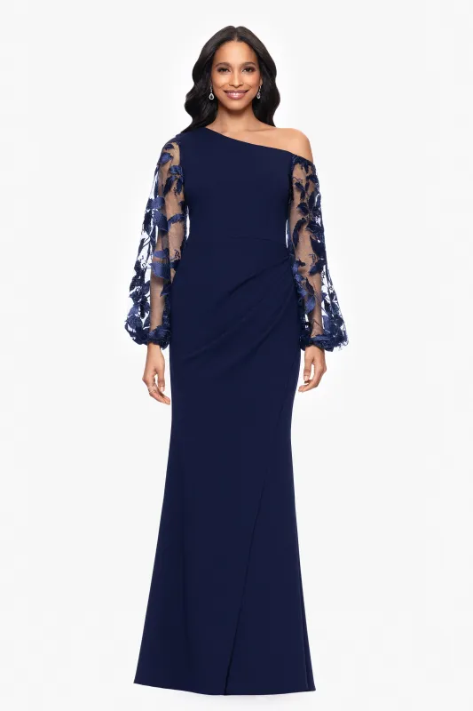 Petite "Reagan" Scuba Crepe Embroidered Long Sleeve Off Shoulder Floor Length Dress sold by Betsy & Adam