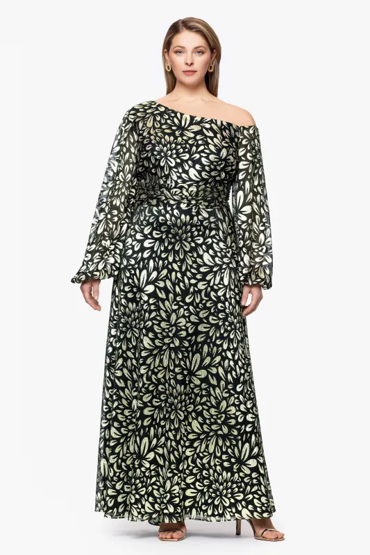 Plus "Malia" Metallic Off the Shoulder Long Sleeve Floor Length Dress sold by Betsy & Adam