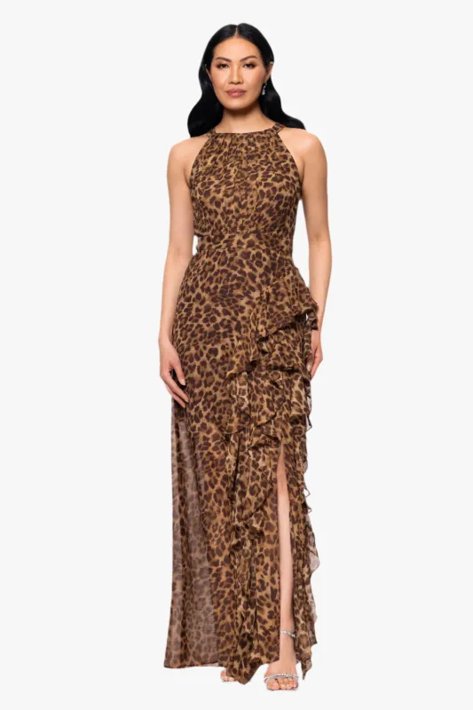 Petite "Andie" Print Chiffon Halter Neck Ruffle Floor Length Dress sold by Betsy & Adam