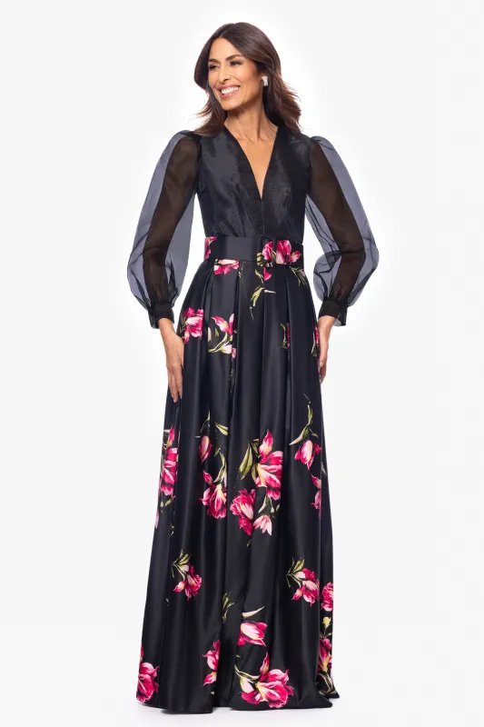 "Coraline" Long Sleeve Satin Print Floor Length Gown sold by Betsy & Adam