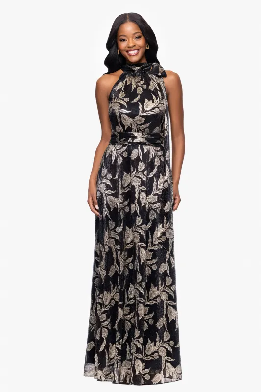 Petite "Hillary" Metallic Halter Bow Neck Floor Length Dress sold by Betsy & Adam