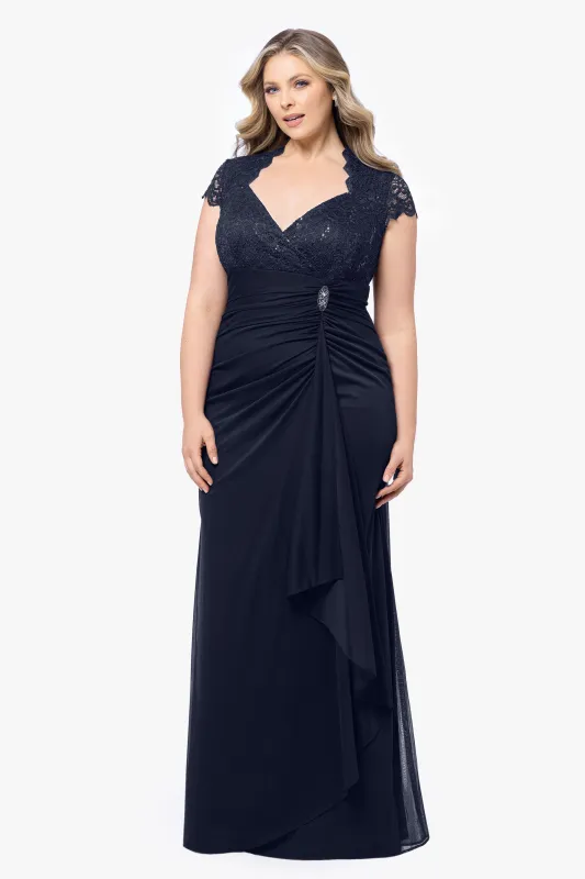 Plus "Kim" Sheer Matte Jersey Lace Cap Sleeve Dress sold by Betsy & Adam