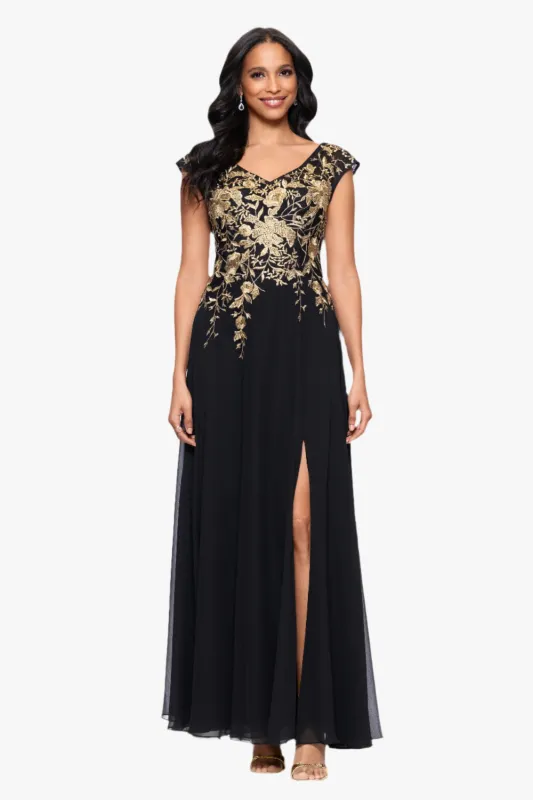 Petite "Maeve" Chiffon Embroidered Bodice Floor Length Dress sold by Betsy & Adam