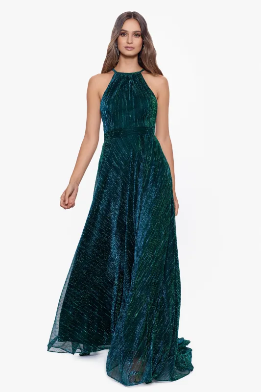 Petite "Mila" Long Halter Metallic Dress sold by Betsy & Adam