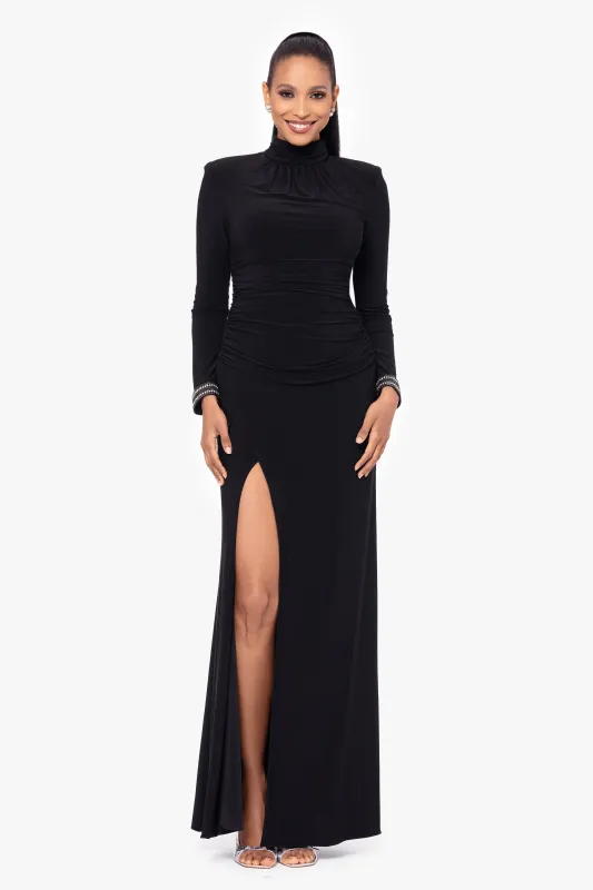 Petite "Roxie" Long Jersey Knit Mock Neck Embellished Wrist Floor Length Dress sold by Betsy & Adam