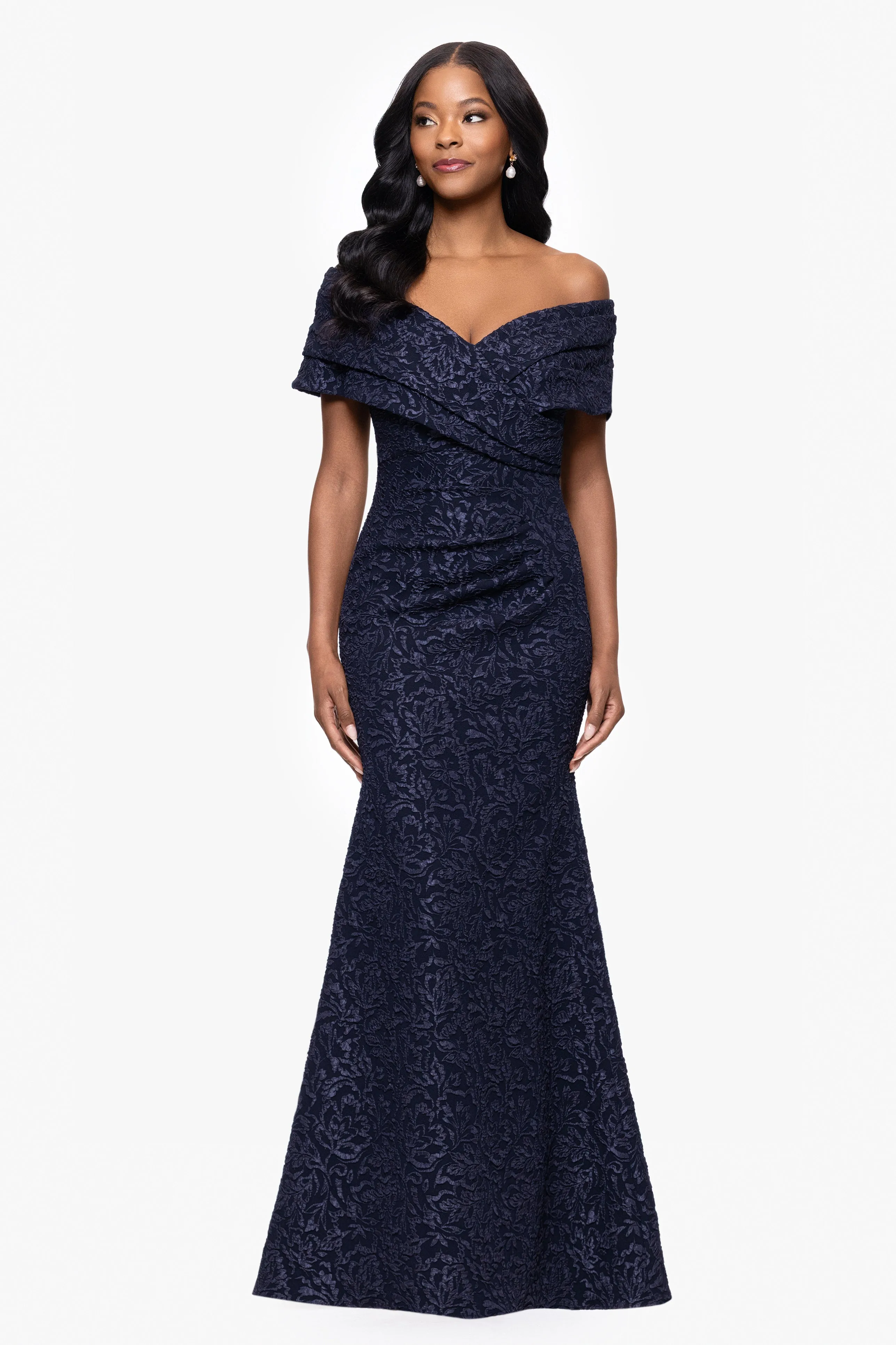 "Dolly" Jacquard Off the Shoulder Floor Length Dress sold by Betsy & Adam