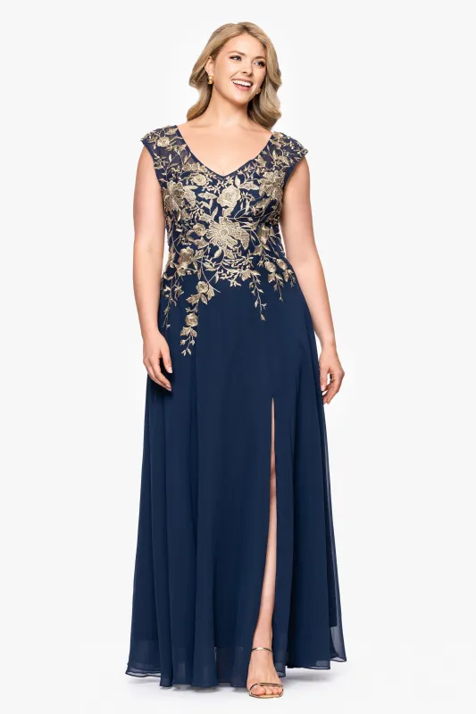 Plus "Maeve" Chiffon Embroidered Bodice Floor Length Dress sold by Betsy & Adam