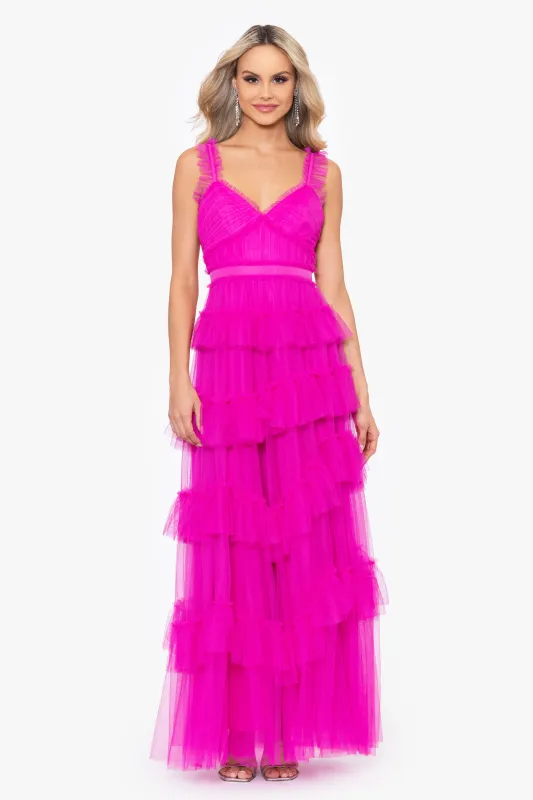 "Gigi" Long Ruffle Mesh Dress sold by Betsy & Adam