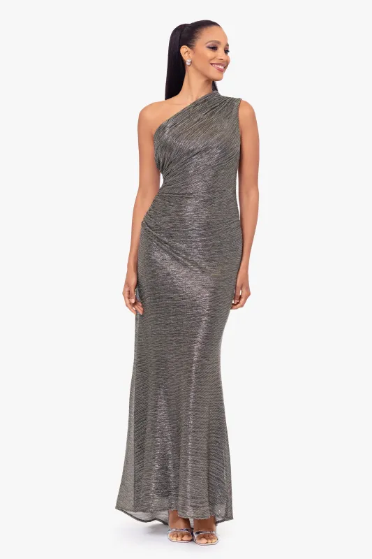 "Bayley" Metallic One Shoulder Floor Length Dress sold by Betsy & Adam