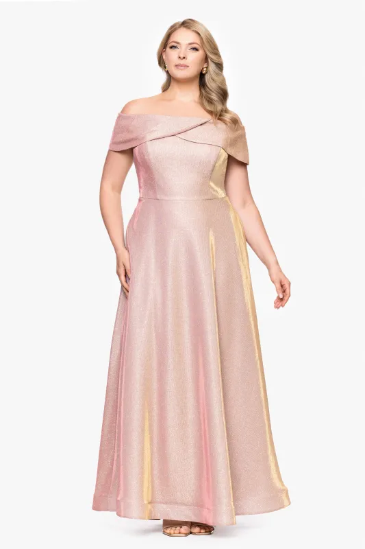 Plus "Kendra" Galaxy Glitter Off the Shoulder Floor Length Gown sold by Betsy & Adam