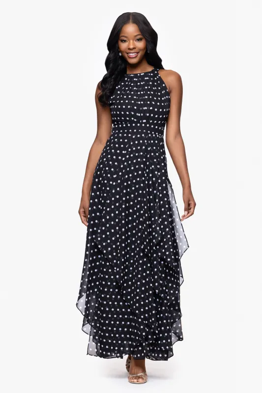 "Delphine" Chiffon Polka Dot Handkerchief Floor Length Dress sold by Betsy & Adam