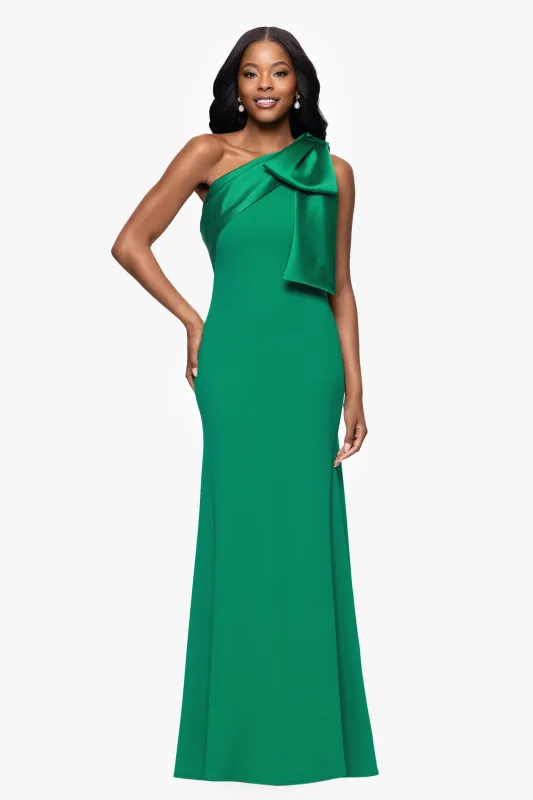 "Carmela" Long Scuba Crepe Dress with Satin Bow sold by Betsy & Adam