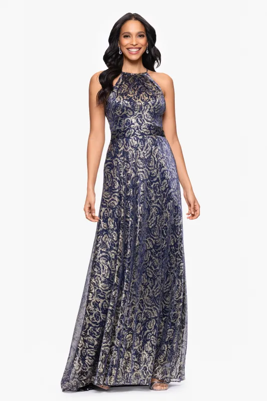 Petite "Shelley" Metallic Foil Halter Neck Floor Length Dress sold by Betsy & Adam