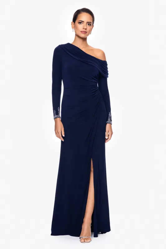 "Chrishell" Long Jersey Knit Off the Shoulder Overlay with Beaded Sleeves sold by Betsy & Adam
