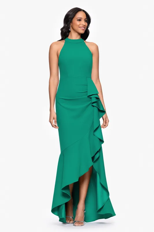"Marcia" Scuba Crepe Ruffle Halter Neck High Low Dress sold by Betsy & Adam