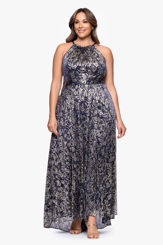 Plus "Shelley" Metallic Foil Halter Neck Floor Length Dress sold by Betsy & Adam