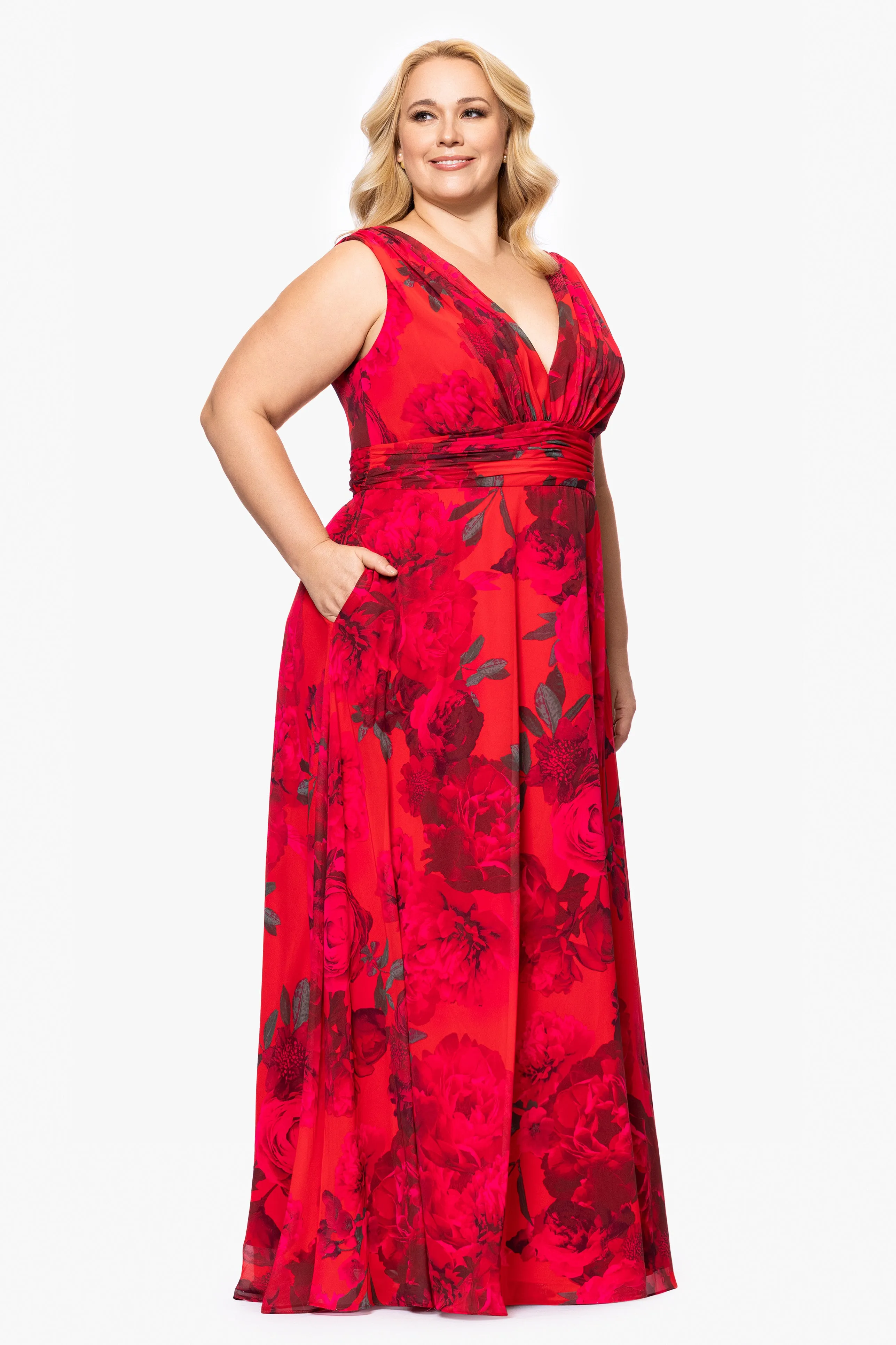 Plus "Jody" Print Chiffon V-Neck Floor Length Dress sold by Betsy & Adam product image thumbnail 4