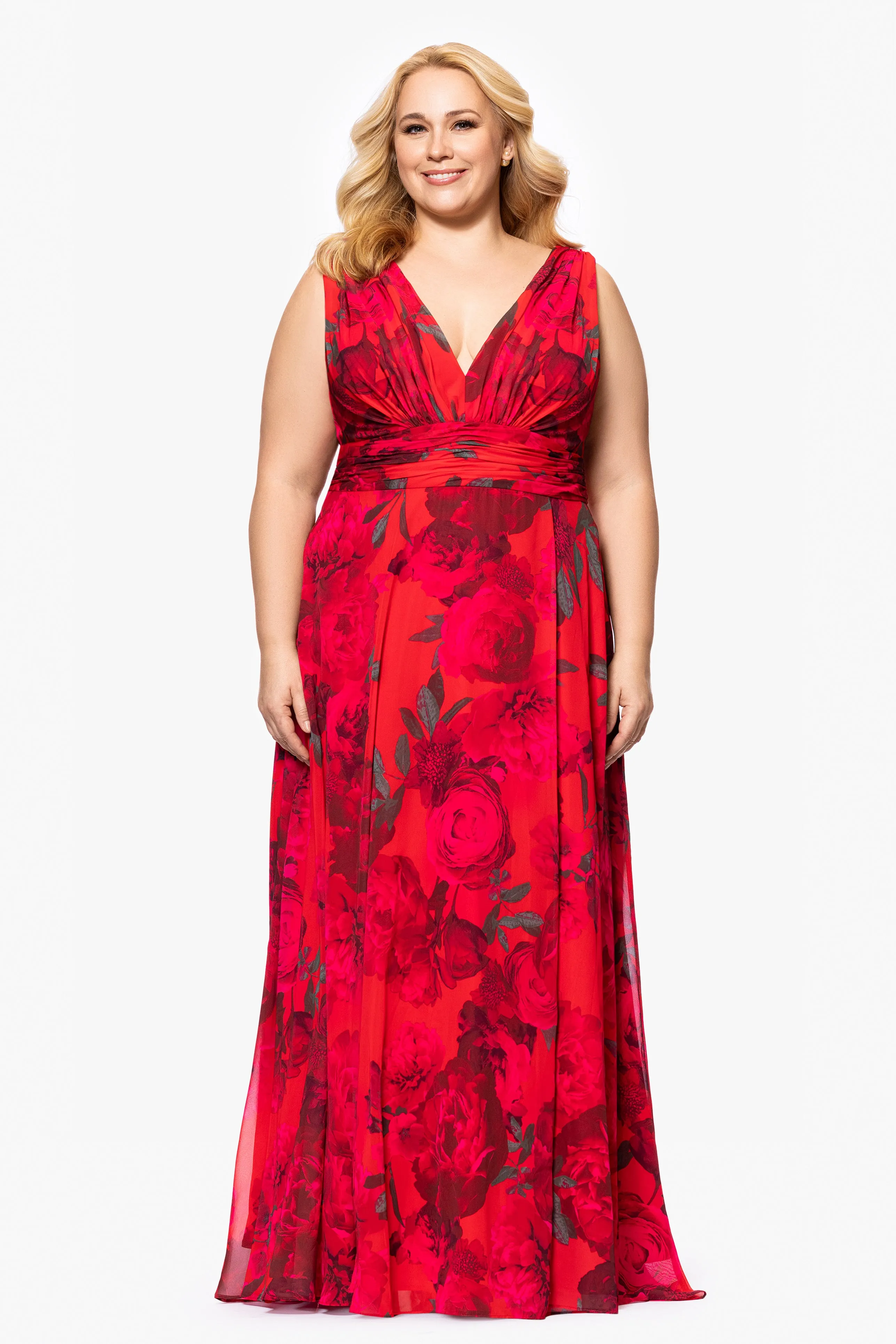 Plus "Jody" Print Chiffon V-Neck Floor Length Dress sold by Betsy & Adam