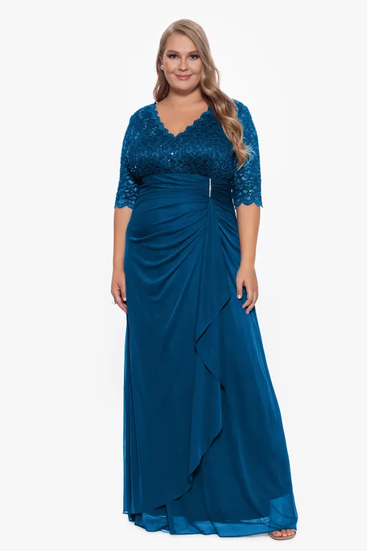 Plus "Johanna" 3/4 Sleeve Sheer Matte Jersey Long Dress sold by Betsy & Adam