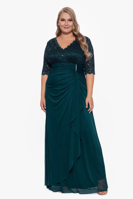Plus "Johanna" 3/4 Sleeve Sheer Matte Jersey Long Dress sold by Betsy & Adam