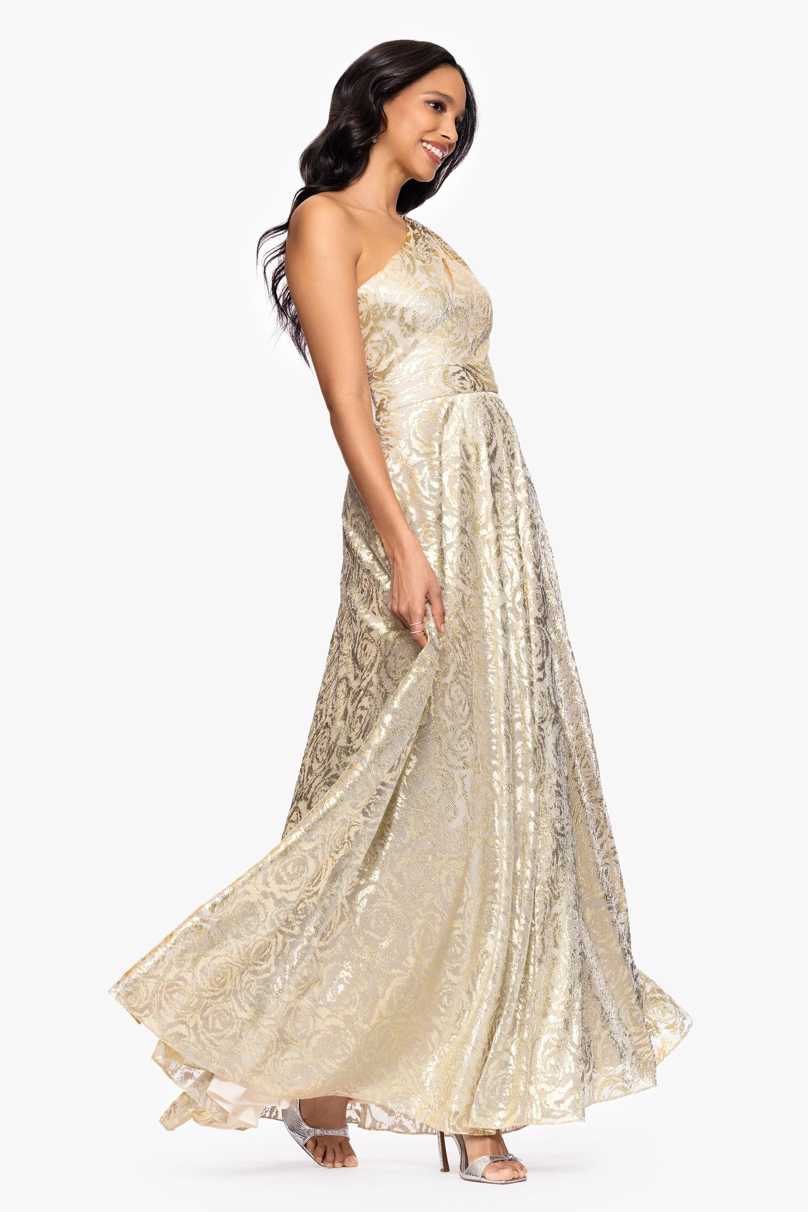 "Mariah" Metallic Foil Knit One Shoulder Floor Length Dress sold by Betsy & Adam product image thumbnail 5