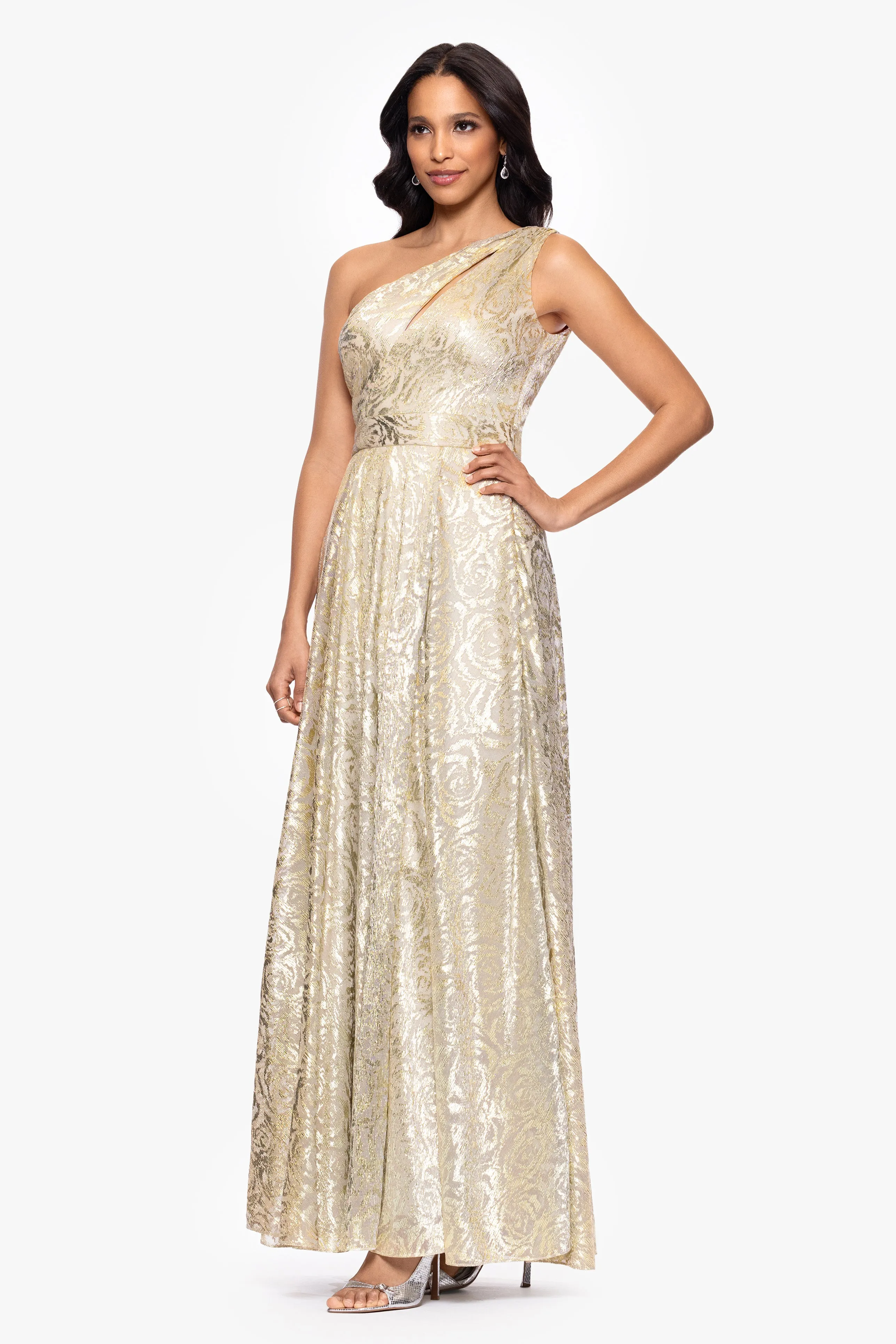 "Mariah" Metallic Foil Knit One Shoulder Floor Length Dress sold by Betsy & Adam product image thumbnail 3