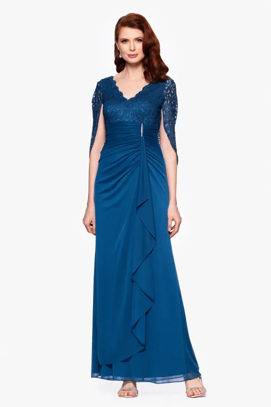 "Carmyn" Long Sheer Matte Jersey and Lace Cape Sleeve Floor Length Dress sold by Betsy & Adam