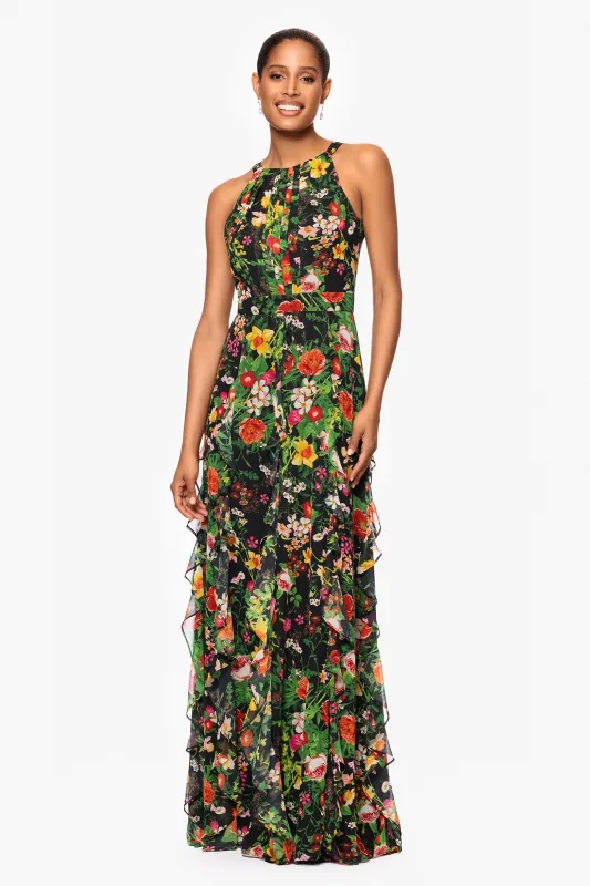 "Camille" Floral Print Chiffon Ruffle Floor Length Dress sold by Betsy & Adam
